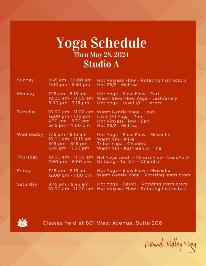 Yoga Class Schedule Studio A