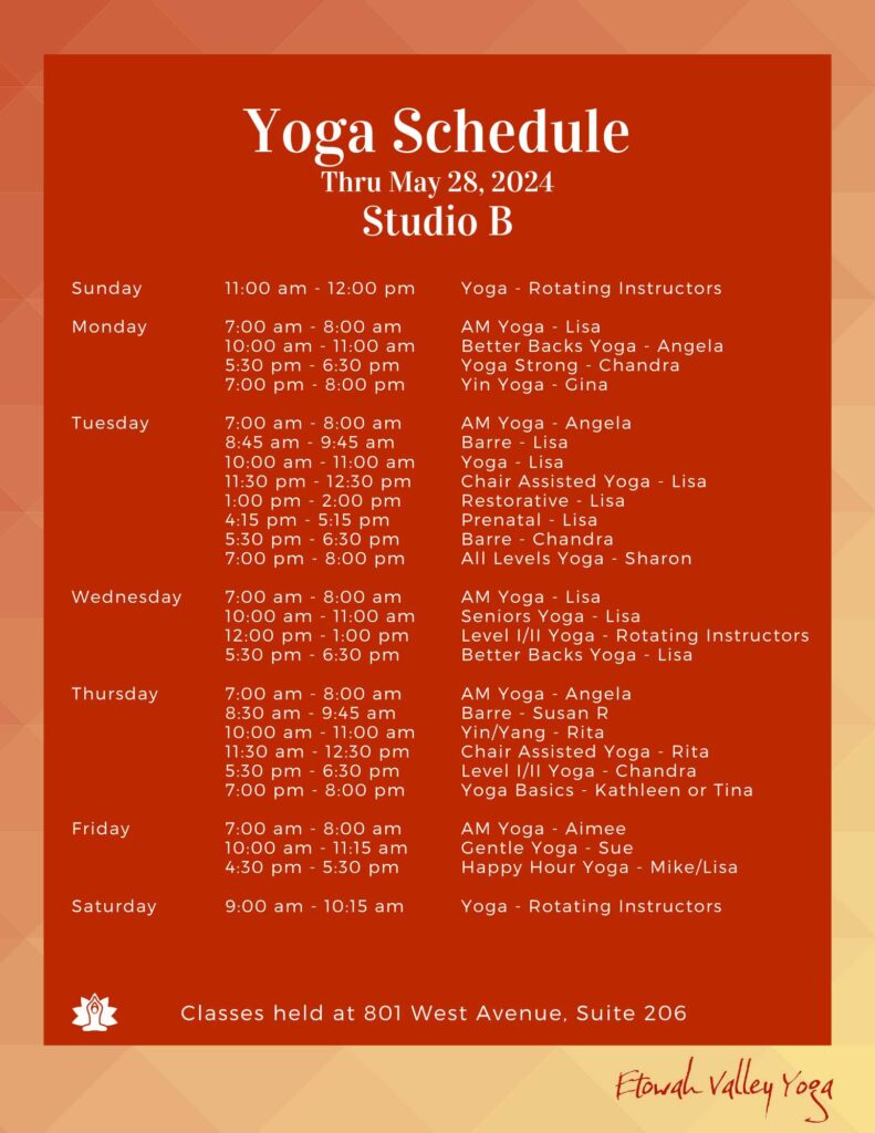 Yoga Class Schedule Studio B